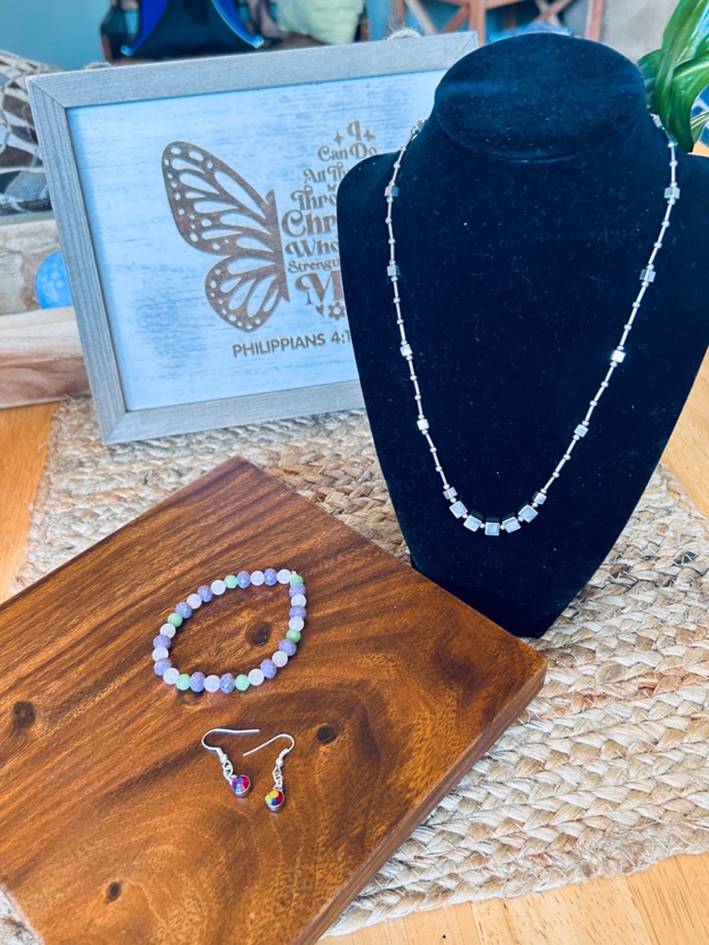 Silver Beaded Necklace Set, stretch bracelet, earrings Handmade by Evelyn
